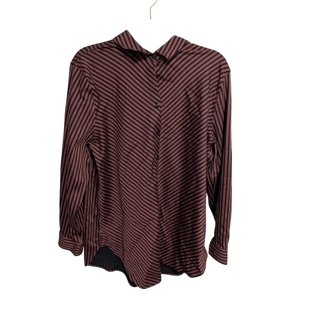 Chico's Brown Black Striped Button Down Shirt Office Blouse Size 2.5 US 14